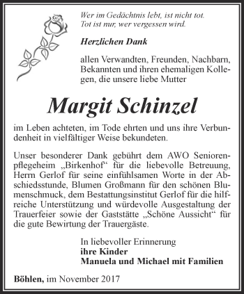 Traueranzeige von Margit Schinzel von Thüringer Allgemeine