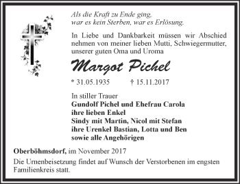 Traueranzeige von Margot Pichel von Ostthüringer Zeitung