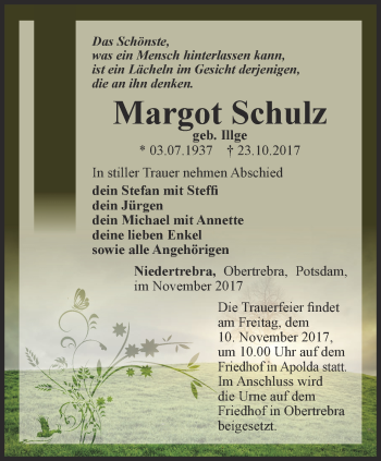 Traueranzeige von Margot Schulz von Thüringer Allgemeine, Thüringische Landeszeitung