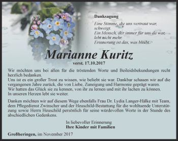 Traueranzeige von Marianne Kuritz von Thüringer Allgemeine, Thüringische Landeszeitung