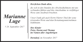 Traueranzeige von Marianne Luge von Ostthüringer Zeitung
