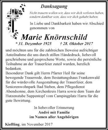 Traueranzeige von Marie Knörnschild von Ostthüringer Zeitung