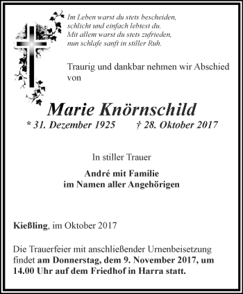 Traueranzeige von Marie Knörnschild von Ostthüringer Zeitung