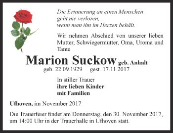 Traueranzeige von Marion Suckow von Thüringer Allgemeine, Thüringische Landeszeitung