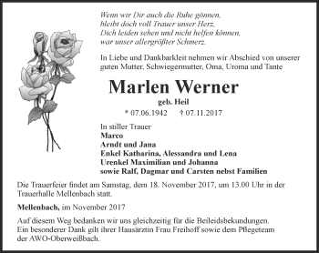 Traueranzeige von Marlen Werner von Ostthüringer Zeitung