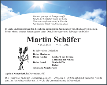 Traueranzeige von Martin Schäfer von Thüringer Allgemeine, Thüringische Landeszeitung