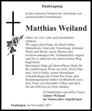 Traueranzeige von Matthias Weiland von Thüringer Allgemeine, Thüringische Landeszeitung