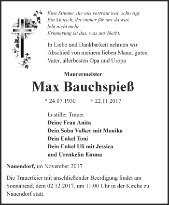 Traueranzeige von Max Bauchspieß von Thüringer Allgemeine, Thüringische Landeszeitung