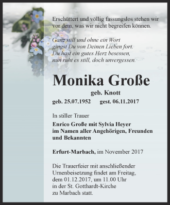 Traueranzeige von Monika Große von Thüringer Allgemeine, Thüringische Landeszeitung