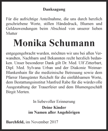 Traueranzeige von Monika Schumann von Thüringer Allgemeine, Thüringische Landeszeitung
