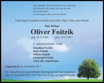 Traueranzeige von Oliver Foitzik von Ostthüringer Zeitung, Thüringische Landeszeitung