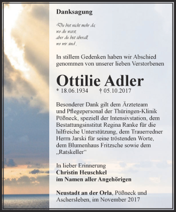 Traueranzeige von Ottilie Adler von Ostthüringer Zeitung