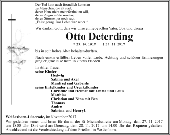 Traueranzeige von Otto Deterding von Thüringer Allgemeine