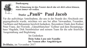 Traueranzeige von Paul Jacob von Ostthüringer Zeitung, Thüringische Landeszeitung