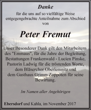 Traueranzeige von Peter Fremut von Ostthüringer Zeitung, Thüringische Landeszeitung