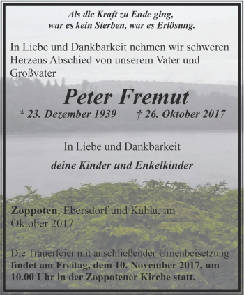 Traueranzeige von Peter Fremut von Ostthüringer Zeitung, Thüringische Landeszeitung