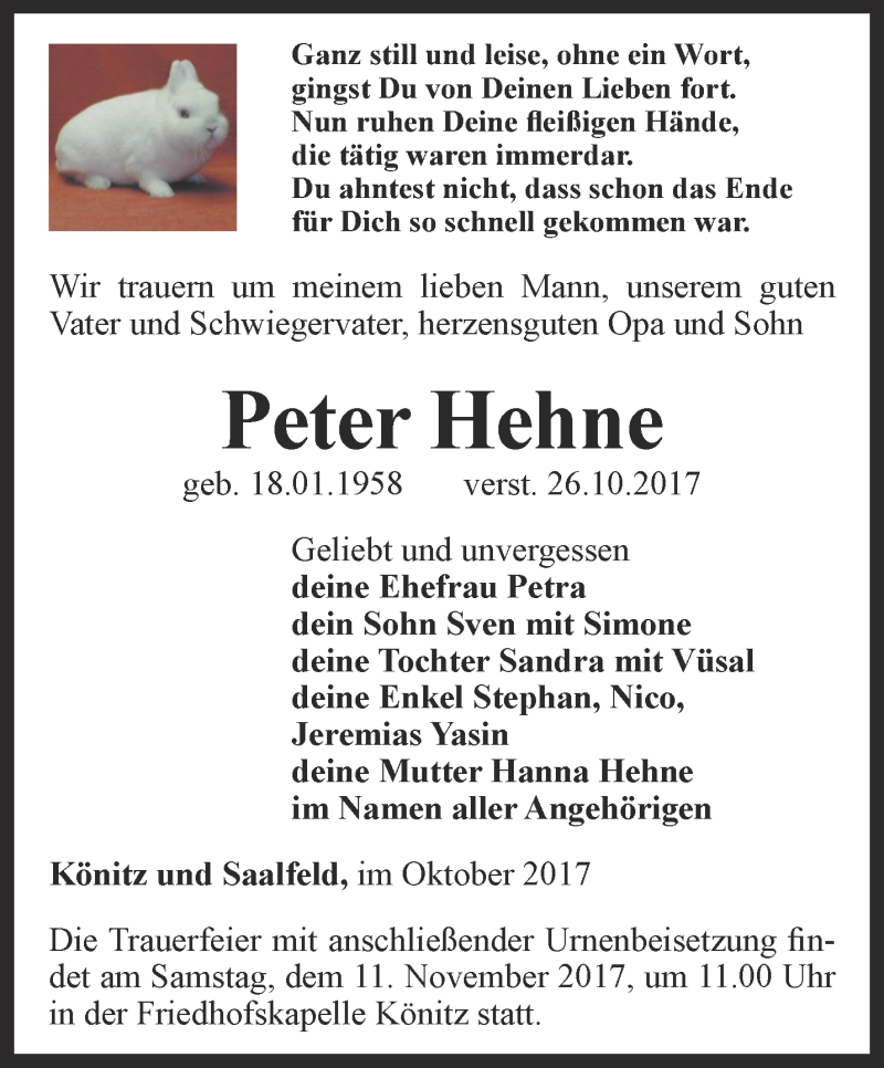  Traueranzeige für Peter Hehne vom 03.11.2017 aus Ostthüringer Zeitung