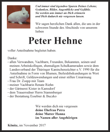 Traueranzeige von Peter Hehne von Ostthüringer Zeitung