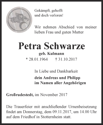 Traueranzeige von Petra Schwarze von Thüringer Allgemeine, Thüringische Landeszeitung