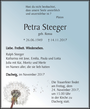 Traueranzeige von Petra Steeger von Thüringer Allgemeine, Thüringische Landeszeitung