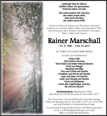 Traueranzeige von Rainer Marschall von Thüringer Allgemeine, Thüringische Landeszeitung