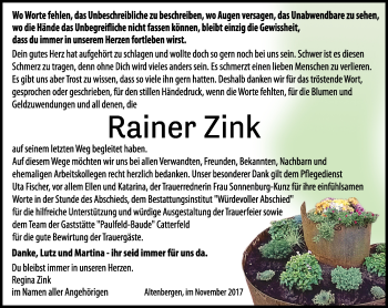 Traueranzeige von Rainer Zink von Ostthüringer Zeitung, Thüringische Landeszeitung