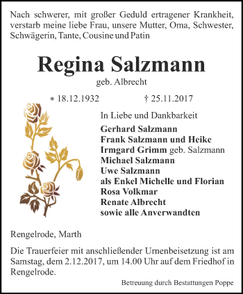 Traueranzeige von Regina Salzmann von Thüringer Allgemeine