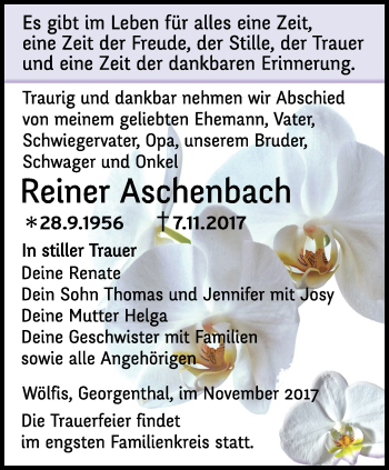 Traueranzeige von Reiner Aschenbach von Ostthüringer Zeitung, Thüringische Landeszeitung