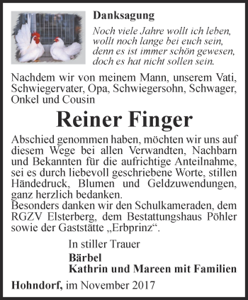 Traueranzeige von Reiner Finger von Ostthüringer Zeitung