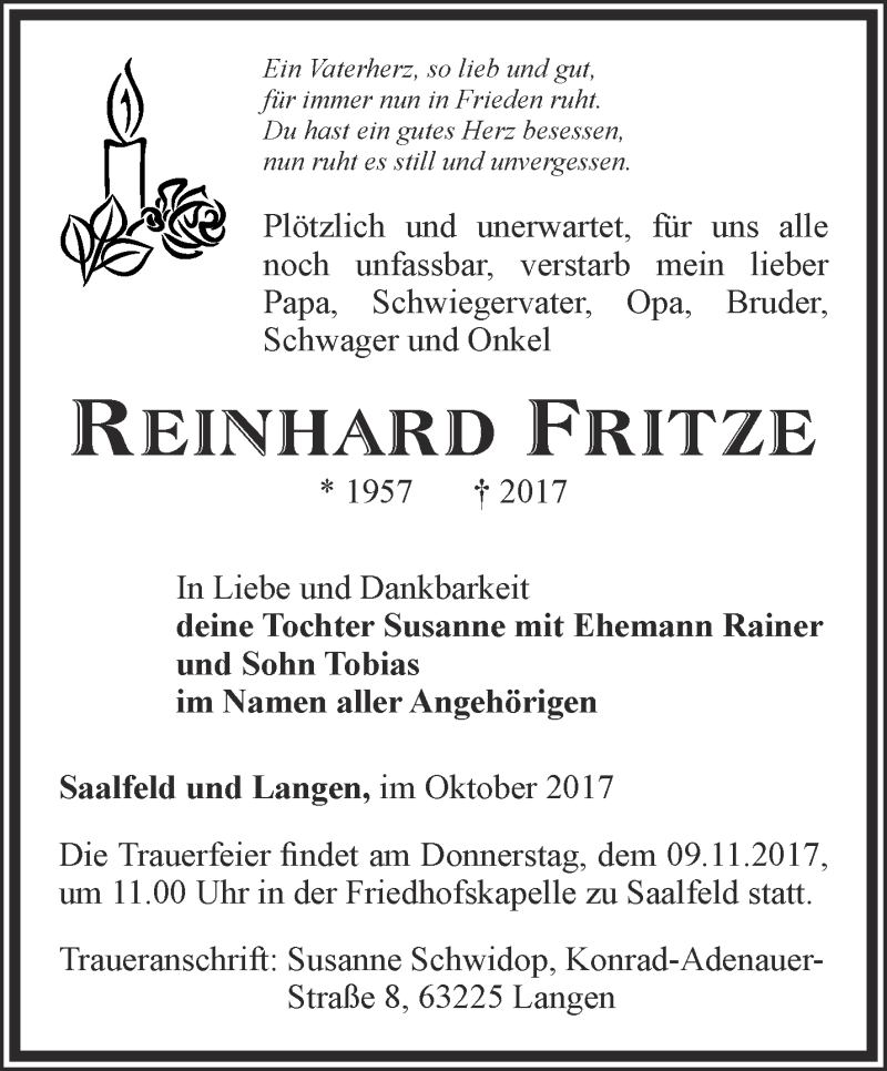  Traueranzeige für Reinhard Fritze vom 07.11.2017 aus Ostthüringer Zeitung