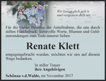 Traueranzeige von Renate Klett von Ostthüringer Zeitung, Thüringische Landeszeitung