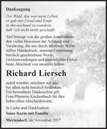 Traueranzeige von Richard Liersch von Ostthüringer Zeitung