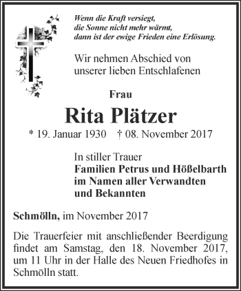 Traueranzeige von Rita Plätzer von Ostthüringer Zeitung