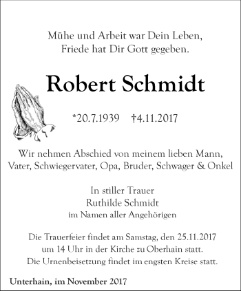 Traueranzeige von Robert Schmidt von Ostthüringer Zeitung