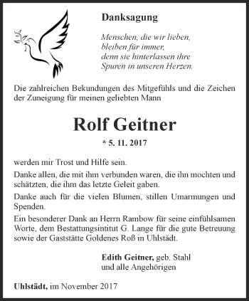 Traueranzeige von Rolf Geitner von Ostthüringer Zeitung