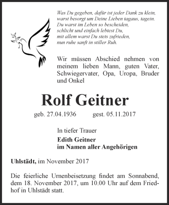 Traueranzeige von Rolf Geitner von Ostthüringer Zeitung