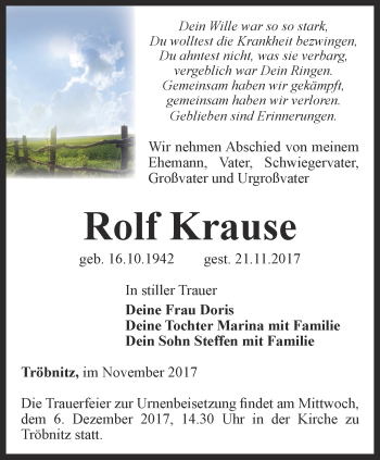 Traueranzeige von Rolf Krause von Ostthüringer Zeitung