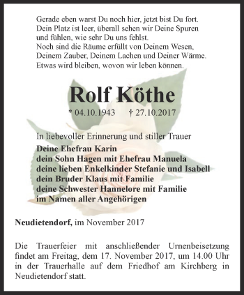 Traueranzeige von Rolf Köthe von Thüringer Allgemeine, Thüringische Landeszeitung