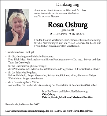 Traueranzeige von Rosa Osburg von Thüringer Allgemeine