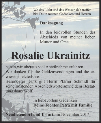 Traueranzeige von Rosalie Ukrainitz von Thüringer Allgemeine, Thüringische Landeszeitung