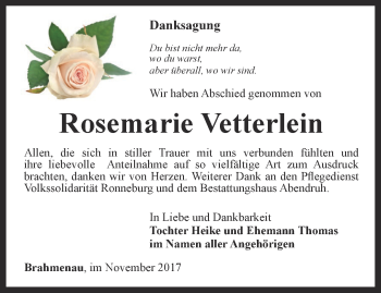 Traueranzeige von Rosemarie Vetterlein von Ostthüringer Zeitung