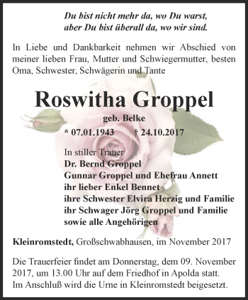 Traueranzeige von Roswitha Groppel von Ostthüringer Zeitung, Thüringische Landeszeitung
