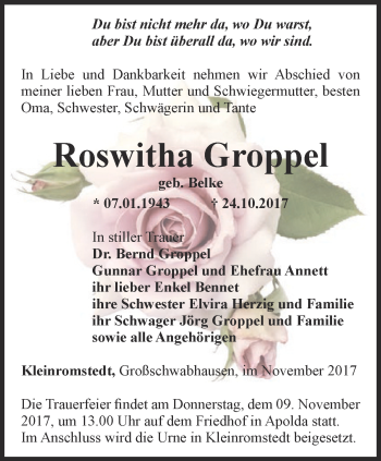 Traueranzeige von Roswitha Groppel von Thüringer Allgemeine, Thüringische Landeszeitung