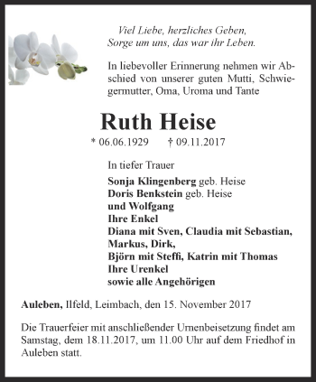 Traueranzeige von Ruth Heise von Thüringer Allgemeine