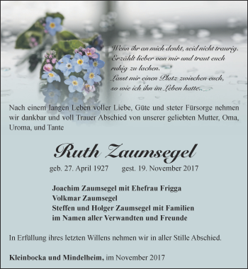 Traueranzeige von Ruth Zaumsegel von Ostthüringer Zeitung