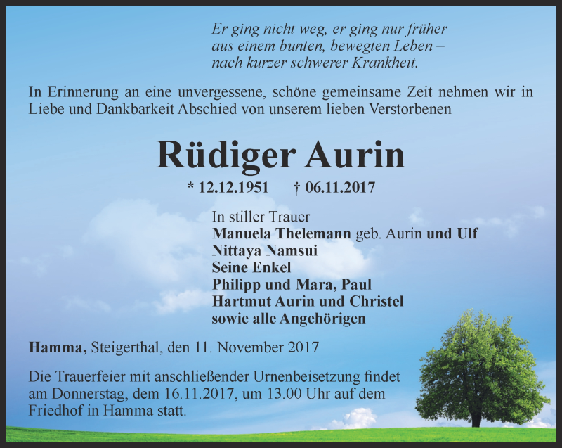  Traueranzeige für Rüdiger Aurin vom 11.11.2017 aus Thüringer Allgemeine