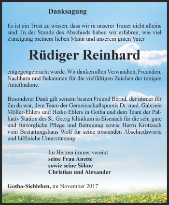 Traueranzeige von Rüdiger Reinhard von Ostthüringer Zeitung, Thüringische Landeszeitung
