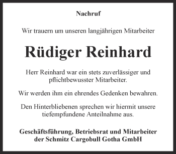 Traueranzeige von Rüdiger Reinhard von Ostthüringer Zeitung, Thüringische Landeszeitung