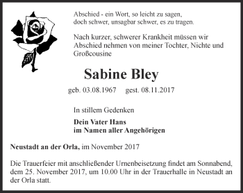 Traueranzeige von Sabine Bley