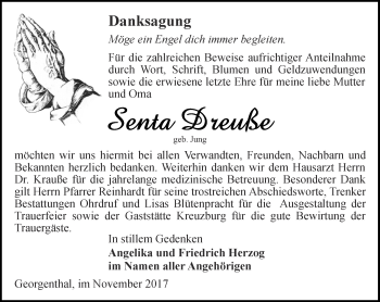 Traueranzeige von Senta Dreuße von Ostthüringer Zeitung, Thüringische Landeszeitung